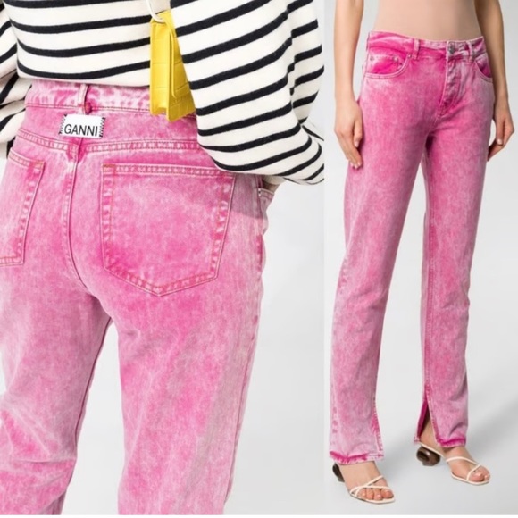Ganni Pink Acid Wash Straight-Leg Jeans with Slit 26 - Picture 1 of 14